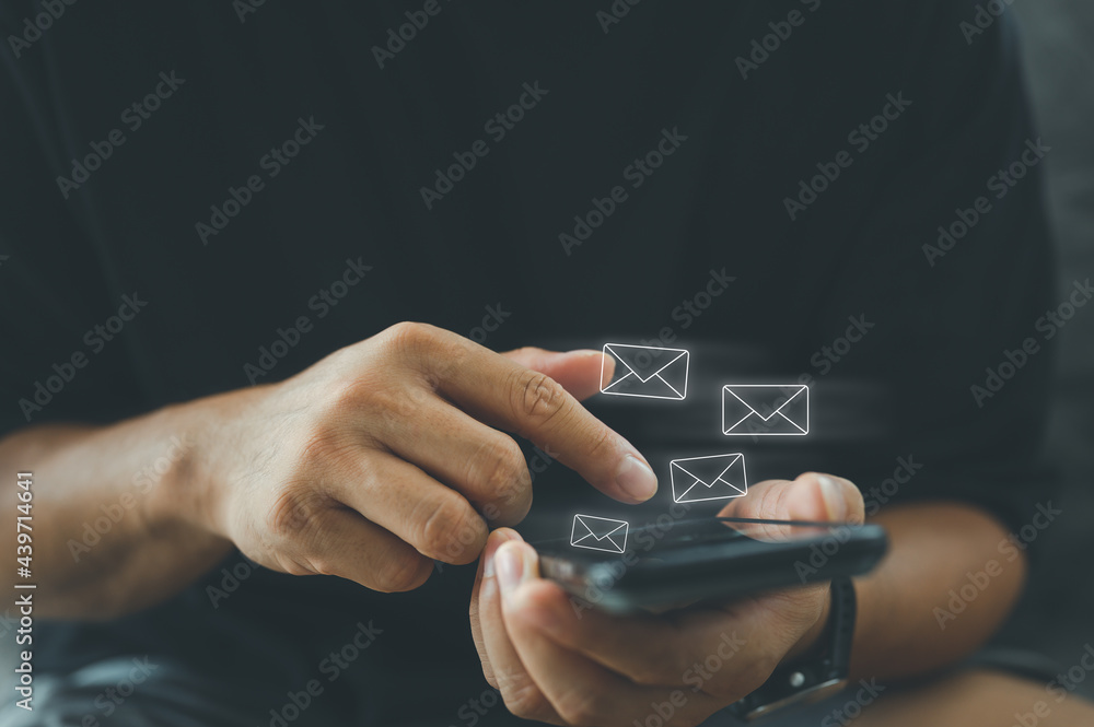 Aufkleber businessman hands sending or reading email marketing by digital smartphone,.communication connection