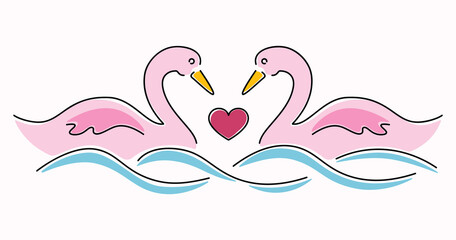 Minimalistic line art a pair of swans in love on the waves and the heart