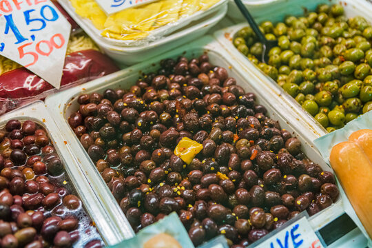 Seasoned Black Olives at the Market