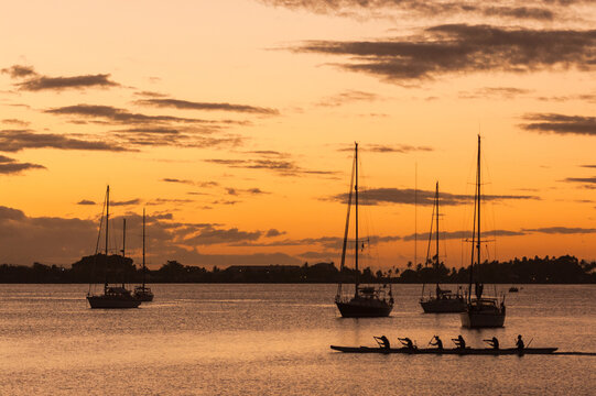 team of outriggers training at sunset in a bay in Samoa