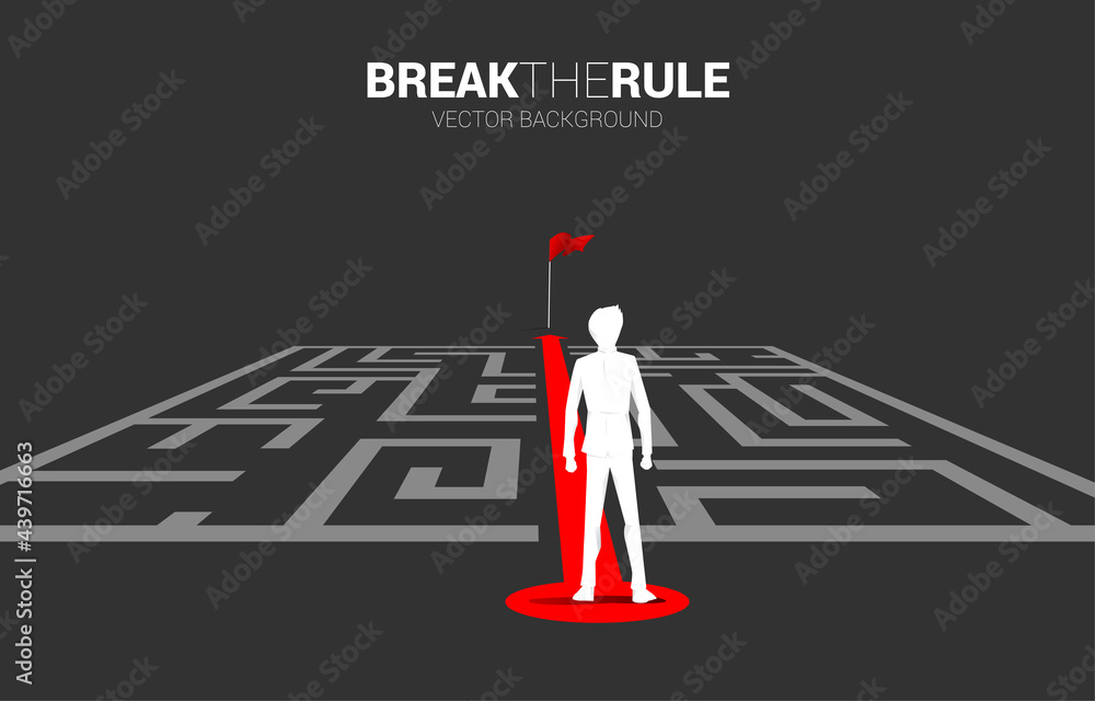 Poster Businessman on Red arrow route break out of maze to flag. Business concept for problem solving and solution strategy.