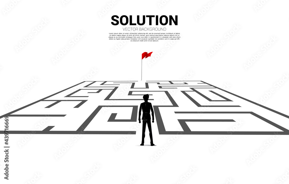 Poster silhouette of businessman enter to maze to red flag. business concept for finding solution and reach