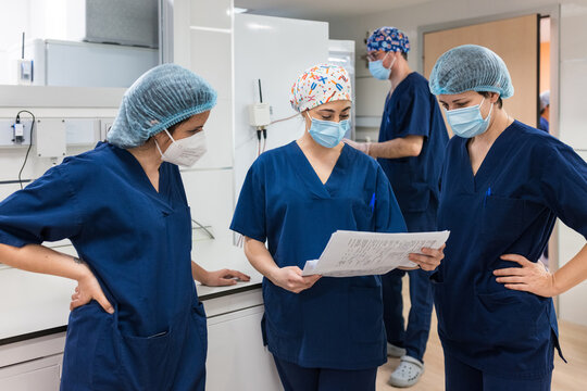 Colleagues discussing paper in IVF laboratory