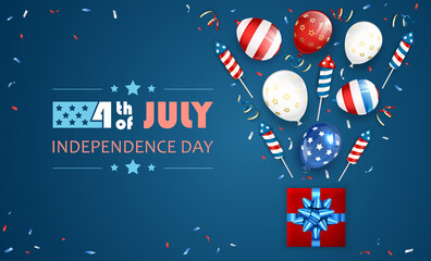 Fototapeta na wymiar Independence Day Blue Background with Fireworks and Balloons