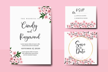 Wedding invitation frame set, floral watercolor Digital hand drawn Sakura Cherry Blossom Flower design Invitation Card Template
