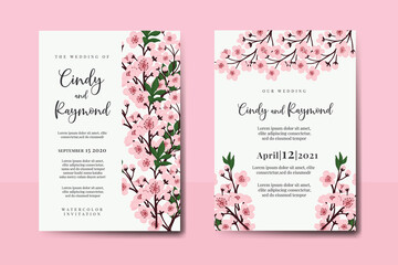 Wedding invitation frame set, floral watercolor Digital hand drawn Sakura Cherry Blossom Flower design Invitation Card Template
