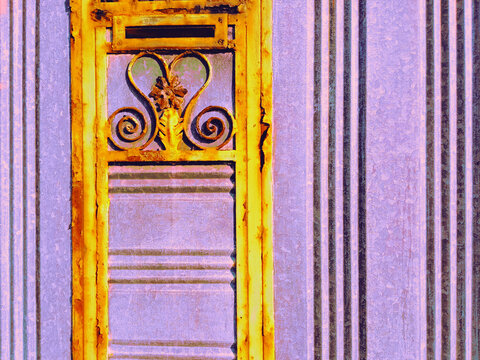 old, antique metal purple door with rusty golden decorative elements