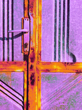 old, rusty door handle with metal purple door background