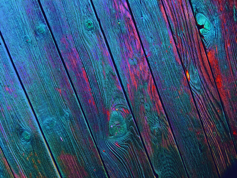Old, Colorful, Blue Wooden Fence Diagonal Pattern / Background