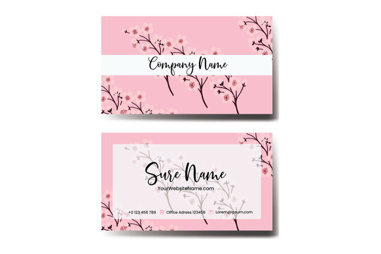 Business Card Template Sakura Cherry Blossom Flower .Double-sided Blue Colors. Flat Design Vector Illustration. Stationery Design