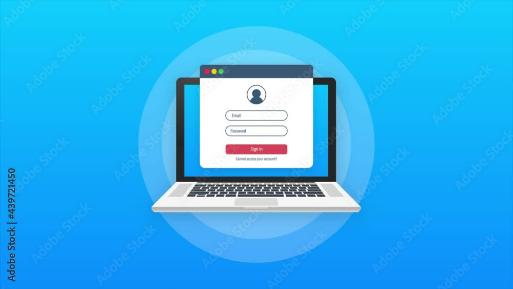 Poster login page on laptop screen. notebook and online login form, sign in page. user profile, access to a