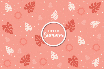 Hello summer banner and  tropical plant design background.