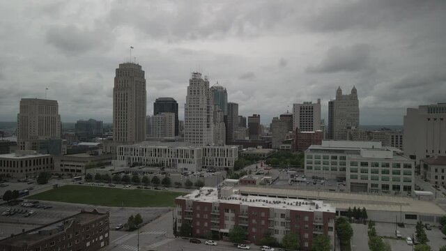 Aerial birds eye panoramic view of a business centre of Kansas city in a gloomy weather. High quality 4k footage