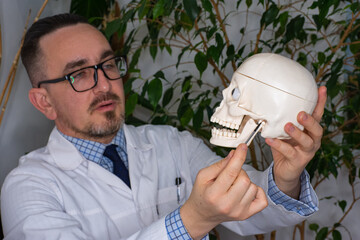 Doctor shows patient during consultation on human skull temporomandibular joint as the cause of...