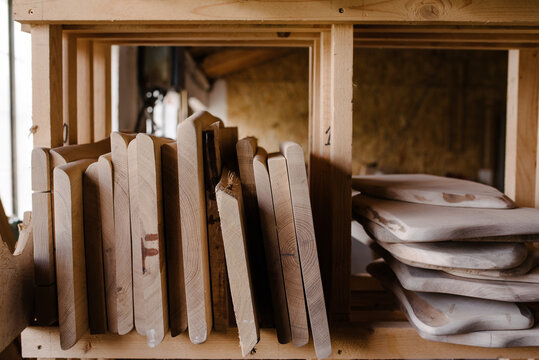 Stack of wood boards in a woodshop