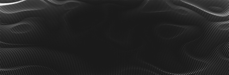 Black background. 3d dotted surface. Futuristic landscape. Halftone pattern. Technology presentation backdrop. Vector illustration