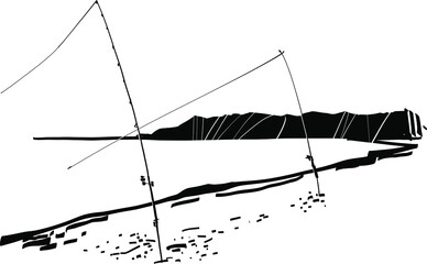 sailing fishing rods on the beach