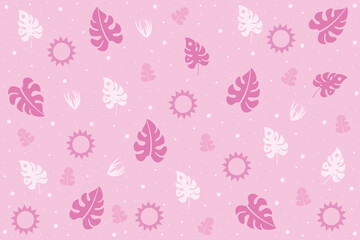 Abstract pink summer background with tropical plant leaves and summer elements.