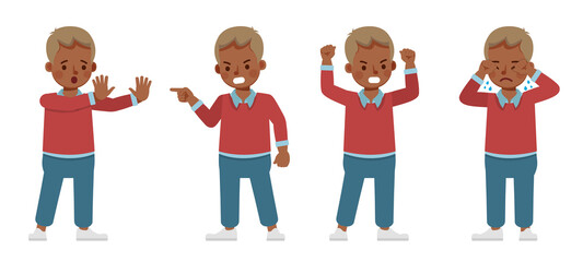 Set of children character vector design. Boy wear red shirt. Presentation in various action with emotions. angry upset kids.