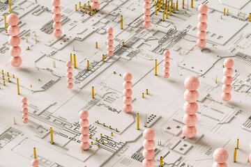 Pink futuristic spheres on a microchip background
