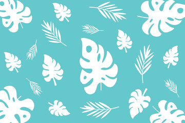 Fototapeta na wymiar Exotic concept design with tropical plant leaves seamless pattern. Vector summer background in white blue color.