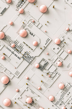 Pink futuristic spheres on a microchip background