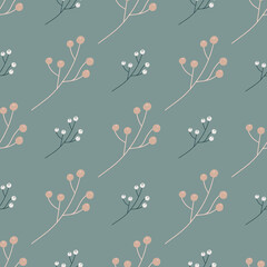 Floral seamless pattern with white and pink colored simple berries shapes. Pale blue background. Abstract style.