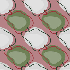 Vegetarian seamless pattern with green and grey contoured abstract plum elements. Pale tones ornament.