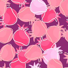 Abstract style seamless pattern with pink random contoured pomegranate elements. Purple background.