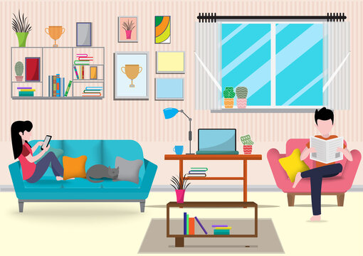 Flat design vector of man read newspaper and woman doing r in home.They are sitting on sofa behind computer with picture.work from home,Freelance,Vector Graphic and workplace concept.