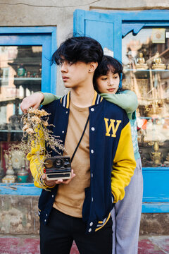 Young asian couple in the streets of Kathmandu