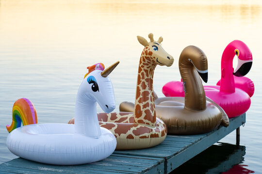 Multiple Inflatable Pool Toys at Summer Cottage Lake Dock at Sunset