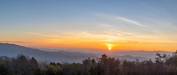 Panorama of mountain landscape forest at sunrise