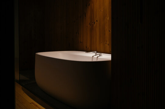 Interior of modern bathroom in house
