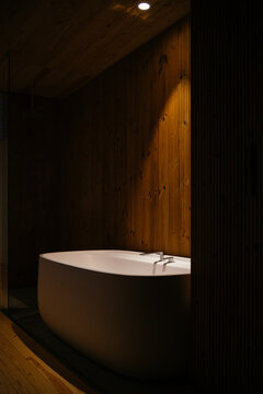 Interior of modern bathroom in house