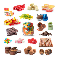 Collection of different delicious confectionery on white background - obrazy, fototapety, plakaty