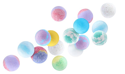 Many different aromatic bath bombs falling on white background