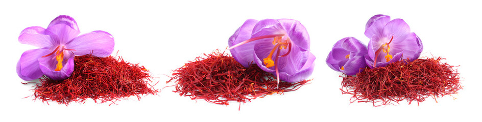 Dried saffron and crocus flowers on white background, collage. Banner design