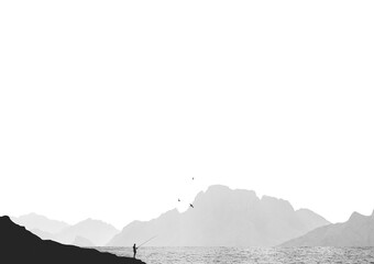 Minimalist fisherman fishing in mountains landscape