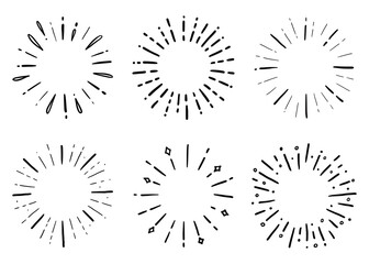 Fototapeta premium Hand drawn set of sunburst shine ray and sparkle. Doodle sketch style. Circle burst of sun, star. Vector illustration.