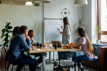 Woman explaining project strategy to company of colleagues in office