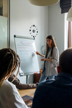 Group of colleagues discussing project during meeting in workplace