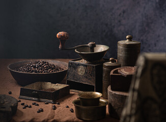 Still shot of coffee grinder and beans