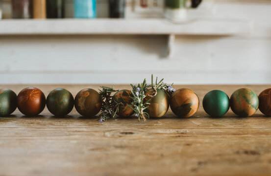 Dyed Easter eggs in a row
