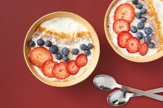 Overhead View: Two Bowls of Yogurt and Fruit 