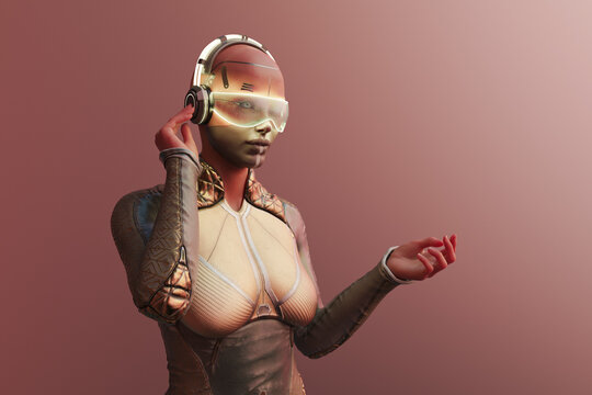Futuristic woman with glowing interactive glasses