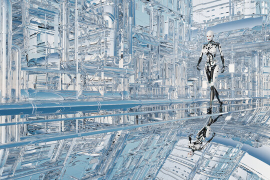 Female robot walks through deserted city