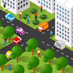 Isometric street people crossroads 3D illustration of a city
