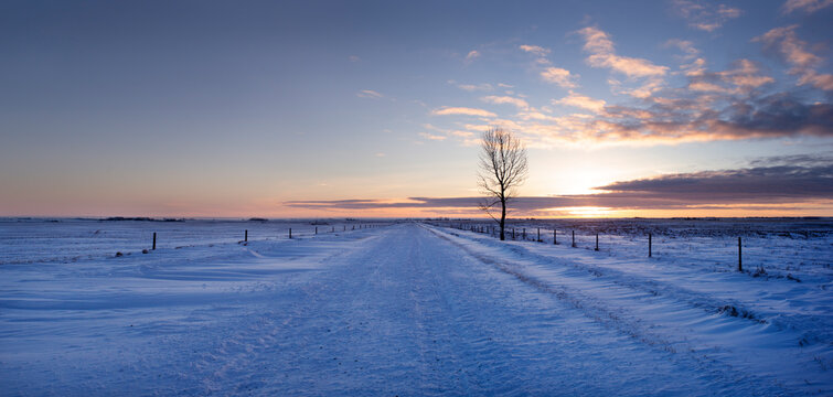 A country winter road cuts through the snow.