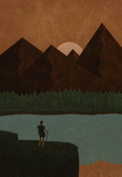 Man hiking in mountains landscape